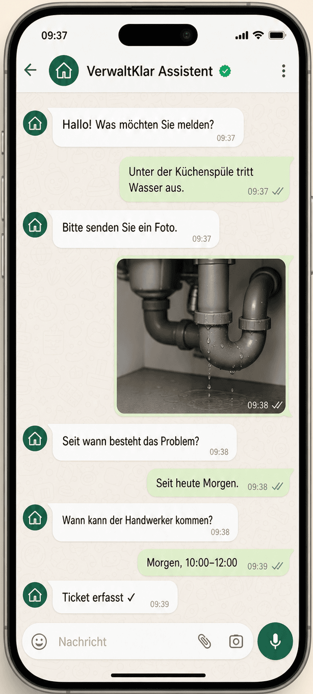 Geführte Schadensmeldung mit dem VerwaltKlar Assistenten im Messenger — WhatsApp
